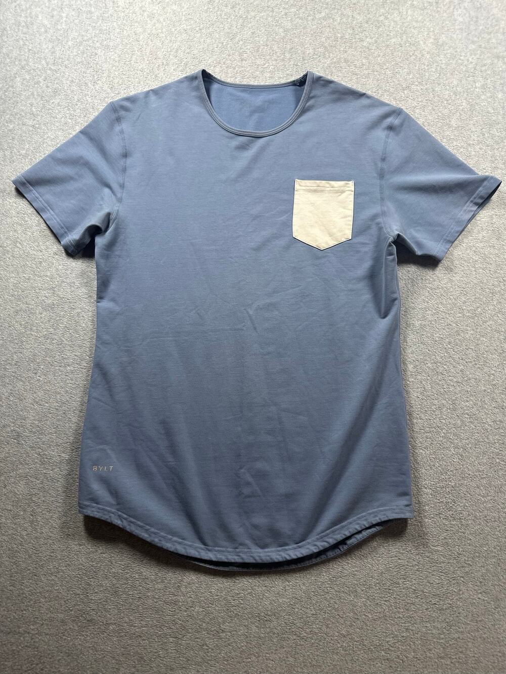 BYLT Drop-Cut T-Shirt Men's Medium Blue Curved Hem Front Pocket Shirt Sleeves